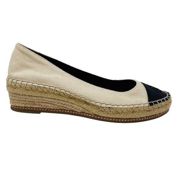 Tory Burch Cap Toe Espadrille Wedge Shoe Slip On Casual Tan Black - 8.5 - Picture 1 of 9